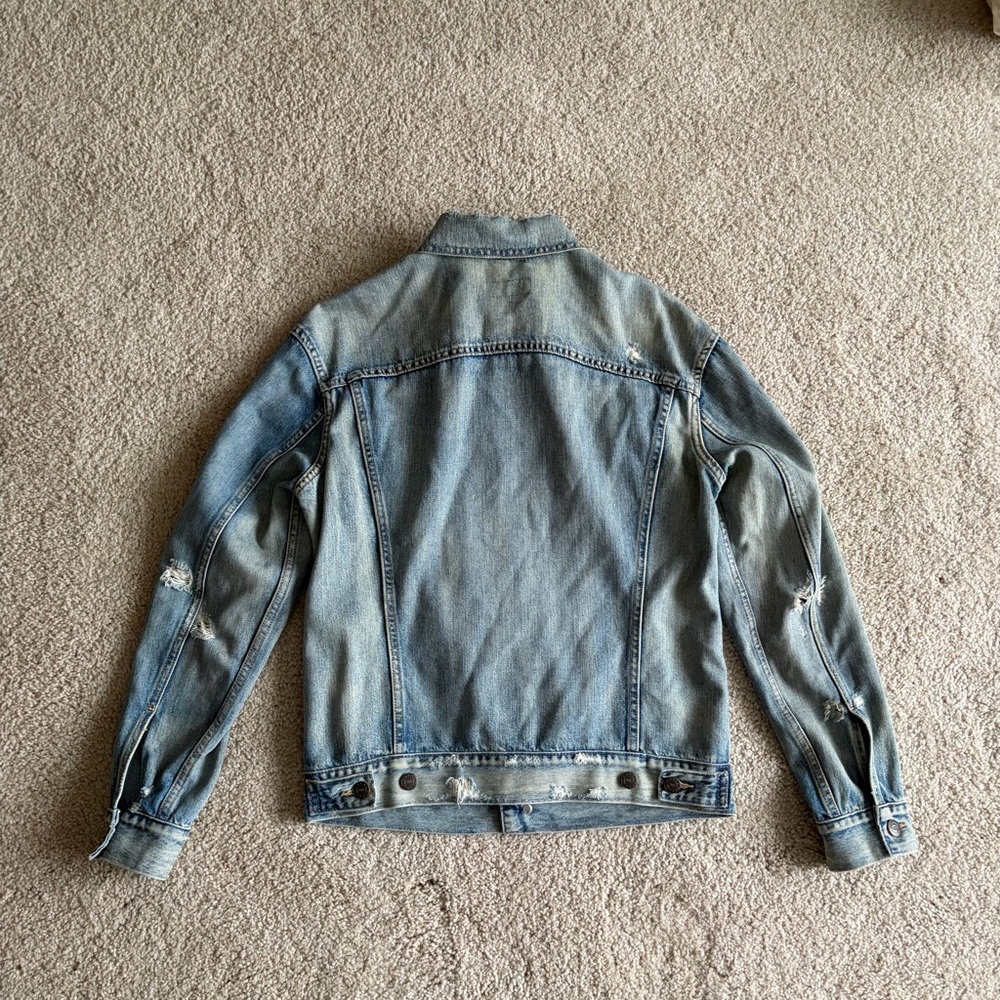 ABLE Women's Merly Denim Trucker Jacket Distressed Blue Closet Staple Sz Medium - Picture 8 of 14